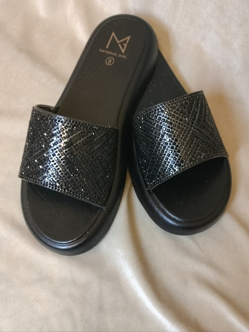 NWT! Material Girl Women's Size 8 Black Slide w/Black Encrusted Faux Stones.Sz 8